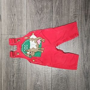 Vintage OshKosh Vestback Overalls, Red with a Cow. 12 months.